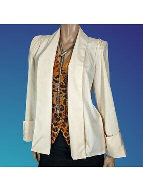 Vintage 80s Pleated Swing Blazer Size M Cream Power Shoulder Jacket Open Front